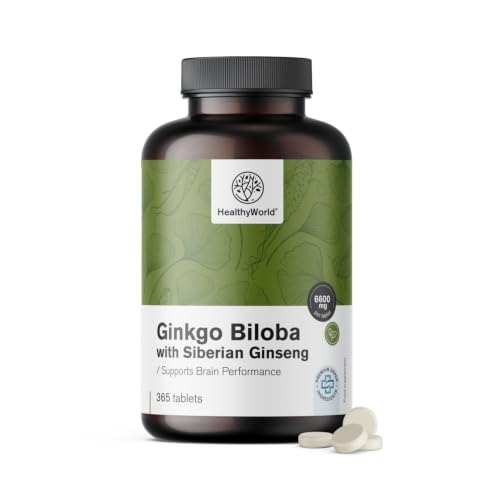 HealthyWorld Ginkgo Biloba con ginseng siberiano 6600 mg   Apoyo a la función cognitiva   365 comprimidos para un suministro de 1 año   Extracto de Ginkgo 50:1 (120 mg) y 10:1 (60 mg)