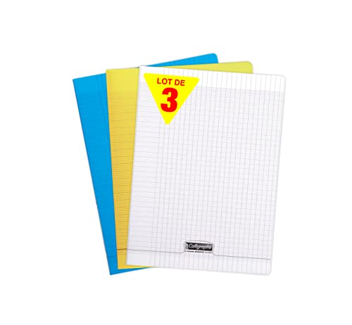 Calligraphe 182390AMZC Lot de 3 Cahiers Agrafés (une Marque de Clairefontaine) - 24x32 cm - 140 Pages Grands Carreaux - Papier Blanc 90 g - Couvertures Polypro Assorties (Bleu, Jaune et Incolore)