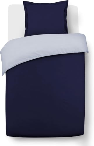 Vision Parure de Lit Réversible 100% Coton Lit Simple - Bleu-Marine Gris | 1 Housse de Couette (135x200 cm) + 1 Taie d'oreiller (80x80 cm) | 57 Fils/cm² |...