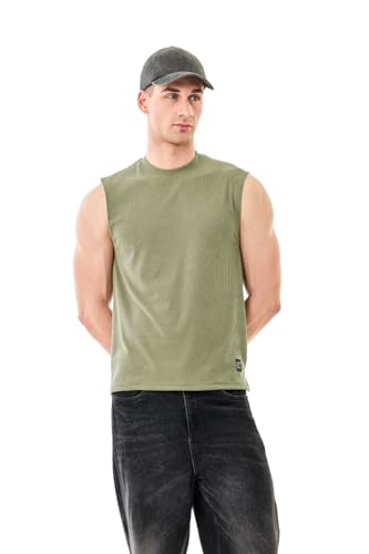 Image of SNITCH Men's Sleeveless Slim Fit T-Shirt | Ribbed Texture & Breathable Fabric | Polyester Blend Material with Stretchability | Casual Wear for Layering & Everyday Use