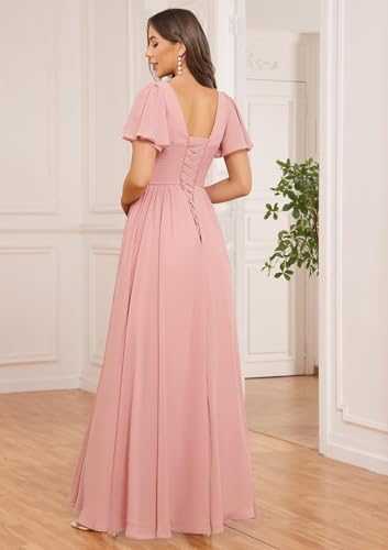 Chiffon Flutter Sleeve Bridesmaid Dresses with Slit Pockets V-Neck Long A-Line Ruched Formal Wedding Party Dress2