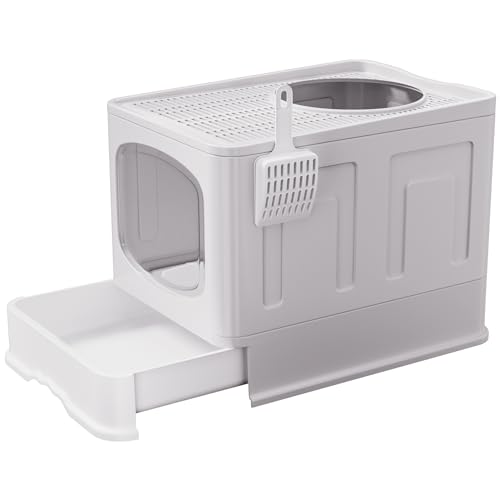 Vivo Technologies Large Cat Litter Box Litter Tray Foldable Litter Box with Lid Scoop Flap Door Slide-Out Tray for Easy Cleaning Large Anti-Splashing Hooded Space Cat Litter Tray