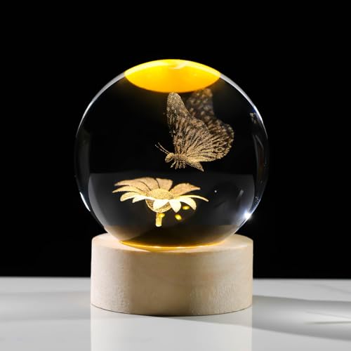 Arikyrist Estatuetas de borboleta de cristal 3D com base de madeira, bola de cristal borboleta 3D, coleção de luz noturna, decoração de casa