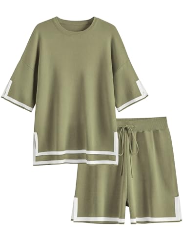 Image of Ekouaer Womens Knit Lounge Set 2 Piece Sweater Sets Short Sleeve Sweatsuit Pullover Tops