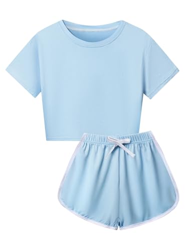 Kids Girls Sports Outfits Cotton Short Sleeve T-shirt Shorts Set For Summer Casual Workout Dance Light Blue 5-6 Years