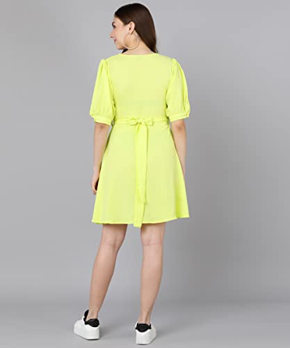 Image of Serein Women's Mini Dress (Solid Crepe Dress with Puff Sleeves, v-Neck & Waist Belt) (Yellow, Large) (SER-DRESS-HR-1-L)