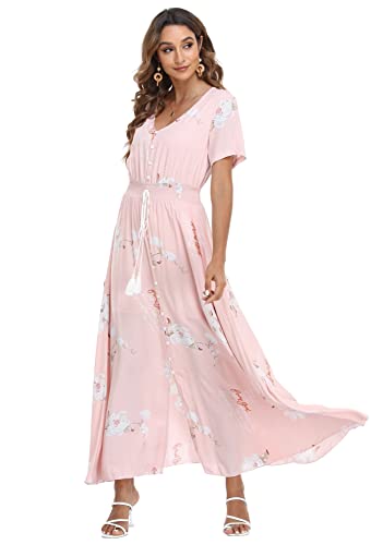Image of VintageClothing Women's Floral Maxi Dresses Boho Button Up Split Summer Casual Long Dress Beach Party Dress