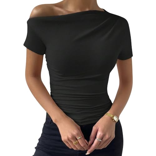 Top de Mujer con un Hombro y Manga Corta, diseño con Volantes, Negro/Beige
