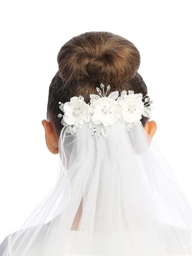 Pink Princess Girls First Communion Veil Holy 1st Communion Headpiece with Flowers Pearls Head Pieces for Catholic Accessories Velos de Primera Comunion