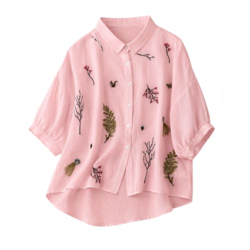 Image of Gufrina Women Designer Botanical Embroidered Korean Style Shirt | Button Down Relaxed Fit | High Low Hem Three Quarter Sleeve | Casual Smart Top-Shirt