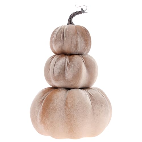 Gresorth 12.6 Inch Fake Large Velvet Pumpkin Stacked Tower Decoration Artificial Autumn Vegetable Ornament Lifelike Craft Model for Halloween Home Party Champagne