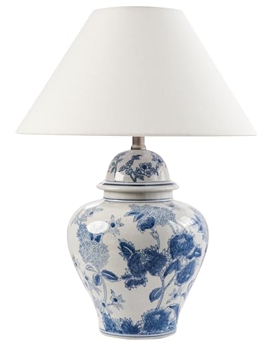 Beliani Lampe de Table Élégante avec Base en Porcelaine Motif Floral Abat-jour Cloche en Lin Blanc et Bleu Sorraia