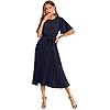 Milumia Women's Elegant Belted Pleated Flounce Sleeve Long Dress Navy Blue Large