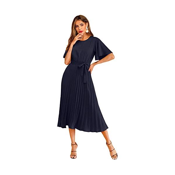 Milumia Women's Elegant Belted Pleated Flounce Sleeve Long Dress Navy Blue Large
