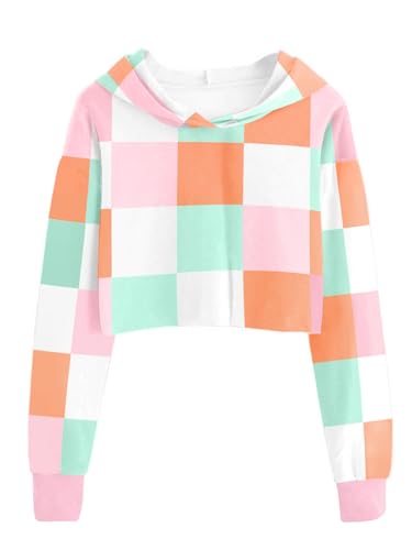 Girls Plaid Color Block Crop Tops Hoodies