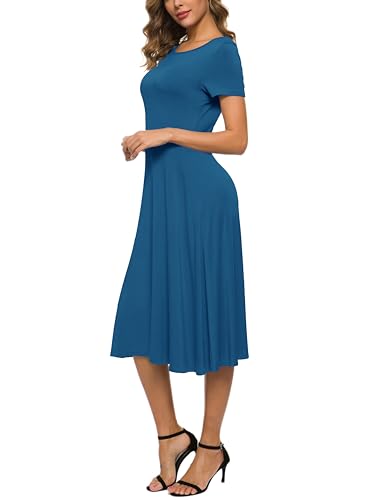 Image of EXCHIC Women's Casual Round Neck Short Sleeve Midi Dress Solid Stretchy Waist Knee Long Dress