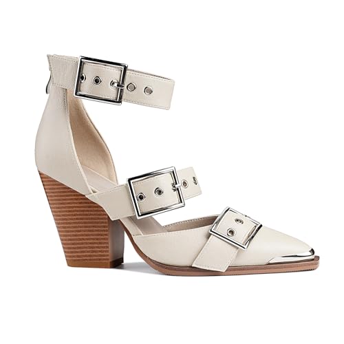 Western Sandals for Women Chunky Wedge Heels Pointed Toe Pumps Ankle Strap Metal Buckle Strappy Heels Comfortable Fashion Casual Dress Shoes