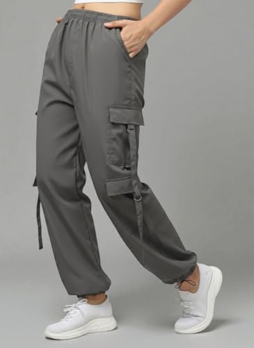 Image of SQew Women's High Waist Baggy Cargo Pants | Loose Fit Parachute Utility Trousers with Multiple Pockets | Casual Streetwear Pants