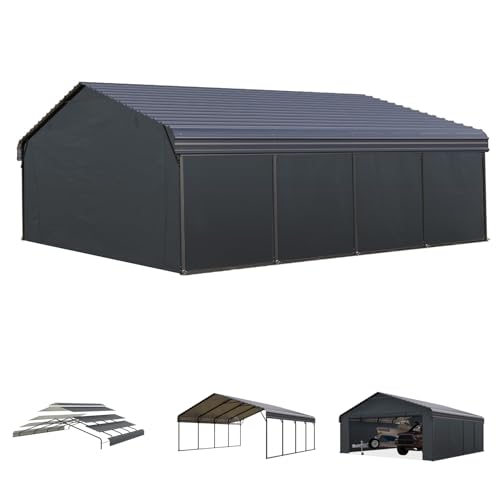 MFSTUDIO Carport 20x20 ft, Outdoor Heavy Duty Carports with Sidewalls, Metal Shed Canopy Shelters Garage Shelter Shade Car Ports with Galvanized Roof for 2 Cars, Truck and Boats