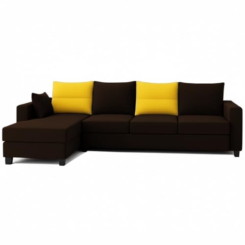 Image of CASASTYLE Texon 5 Seater Fabric LHS L Shape Sofa Set (Yellow-Dark Brown) Velvet Finish | Comfortable Sectional Sofa Set