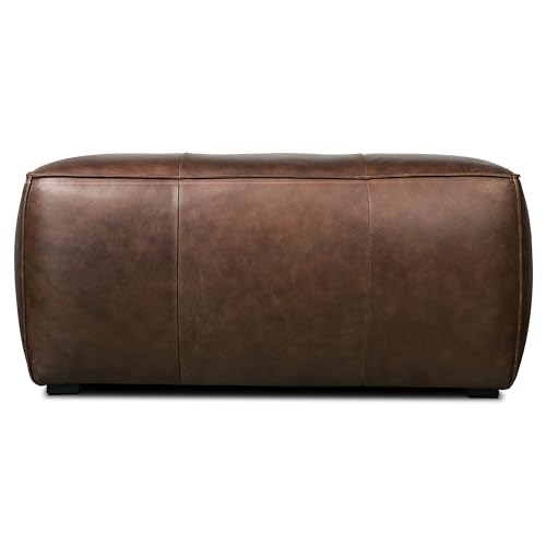 Image of Poly & BARK Capa Ottoman - 37 inch Rectangle Pouf with Feather-Down Topper - Full-Grain Leather Upholstered Pouf Ottoman for Living Room - Vintage Italian Leather in Chocolate Brown