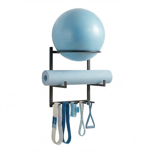 YPDiXDi Wall Mounted Yoga Ball and Mat Holder Space-Saving Home Gym Organizer and Storage Rack Fits 55-75cm Stability Ball with 5 Hooks for Resistance Bands and Equipment