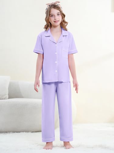 QZH.DUAO 100% Cotton Girls 3PCS Button Down Pajama Sets，A Purple, 7-8 Years4