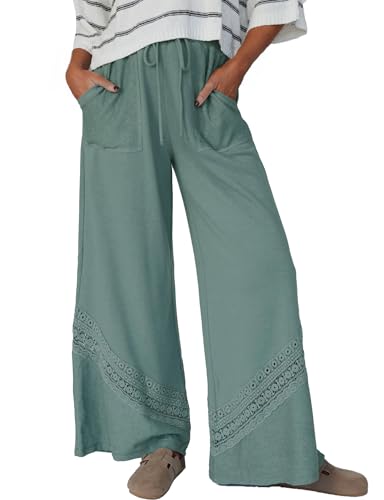 Women's Casual Hollow Out Wide Leg Pants Drawstring Loose Boho Beach Trousers with Pockets