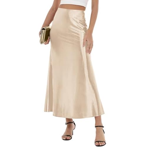 LOMON Women's Satin Maxi Skirt Long A Line High Waisted Skirts Wedding Cocktail Party Outfits