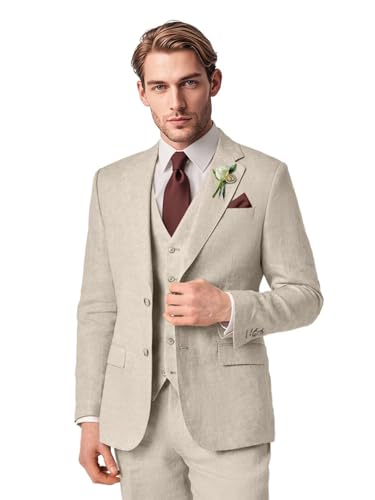 Men's Linen Suit 3 Piece Summer Slim Fit Blazer Set for Beach Weddings Parties Casual Business Jacket Vest Pants