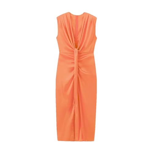 Women's Solid Color Casual Deep V Neck Satin Shift Party Sleeveless Midi Dress Orange M