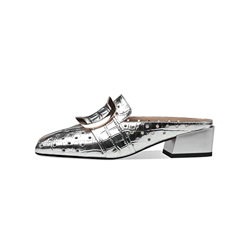 Tinacus Women's Genuine Leather Handmade Block Heel Peep Toe Buckle Design Silver Modern Mule Pumps (Silver, Us8.5) #TOP1