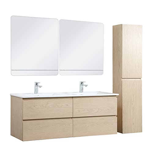 Meuble de Salle de Bain Double Vasque 120 cm + Colonne Chêne + 2 miroirs Sorrento