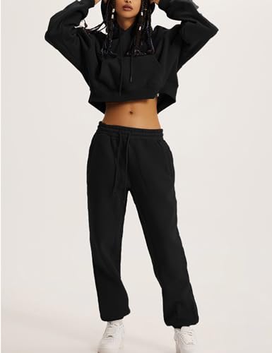 Flygo Womens Fleece 2 Piece Outfits Sweatsuit Crop Pullover Sweatshirt Joggers Pants Tracksuit Set