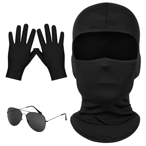 Alaoo Cagoule Chaude Hiver Coupe-Vent, Casquette Noire Cagoule, Masque Sans Visage avec Gants Lunettes De Soleil, Masque Respirant Élastique pour Noël Carnaval Fête Ski Motocyclisme Cyclisme,3pcs