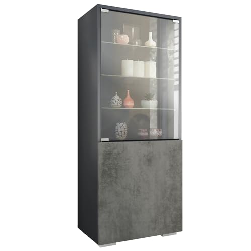 Vladon Vitrine Granada de, Armoire Vitrée Made in Germany avec Porte en Verre et Insert en Verre, Anthracite Mat/Aspect béton foncé (50 x 122,5 x 34,5 cm)