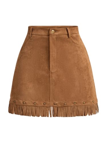 WDIRARA Women's Faux Suede Fringe Skirt High Waisted Tassel Western Mini Skirts All Brown Medium