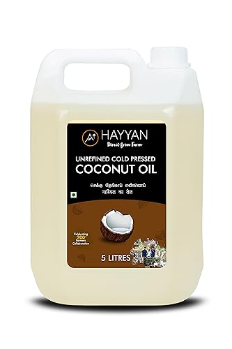 Image of HAYYAN Cold Pressed Coconut Oil - Own Farm Unrefined for Cooking, Skin, Hair & Baby massage (Chekku/Ghani) - 5 Litres