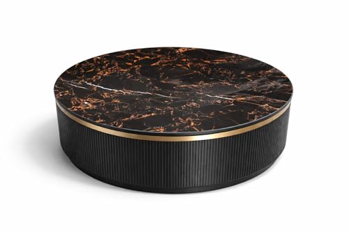 Image of WOODEN SPACE Premium Luxury Royal Pearl Marble-Top Coffee Table with Iron Legs & PVD Coating | Modern Round Wooden Center Table for Living Room & Entryway (Black, 36 Inch)