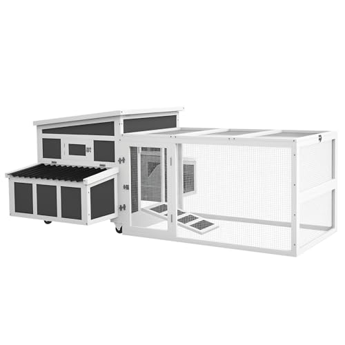 PawHut Wooden Chicken Coop, Chicken Tractor with Large Run for 6 Chickens, Outdoor Poultry Cage Rabbit Hutch Duck Coop Hen House with Nesting Box, Tray, Windows, Dark Gray