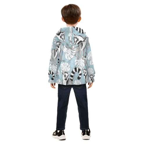 Lemur and Leaf Pattern Print Toddler Fleece Jacket Girl Boys Hooded Fleece Jacket Coat Warm Outwear Zip-up 3-10T4
