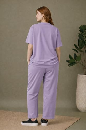 Image of Kvetoo Women Solid Tracksuit Set Cotton Lounge Wear Set Half Sleeve Polo T-Shirt & Straight Pant Casual Travel Outfit