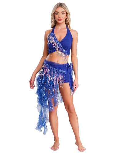 [Lejafay] Femme Sequence Frange Jupe Danse Du Ventre Echarpe De Hanche Shorts De Danse Rave Sequence Tulle Jupe Ensemble 4 Piece