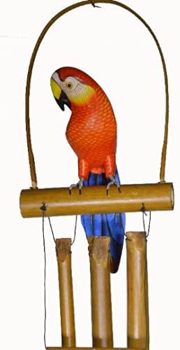 Hand Carved Bamboo Wooden Bobbing Red Parrot Bird Wind Chime Tropical Tiki Garden Home Pool Patio Decor