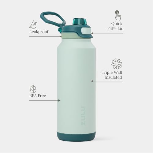 Image of ZULU Powerfill Pro 40oz Stainless Steel Water Bottle with Quick Fill Lid, Triple Walled Vacuum Insulated Metal, Leak Proof Locking Lid, Sip and Chug, Reusable BPA Free, Evergreen