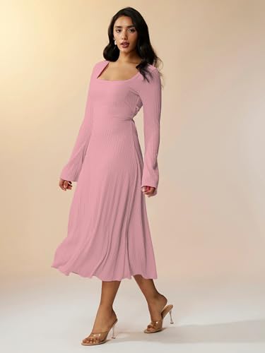 Image of Shasmi Women's Square Neck A-Line Dress - Long Sleeve, Tie Waist, Knitted Stretchable, Casual & Office Outfit, Solid Winter Midi Dress for Women (Dress 221)