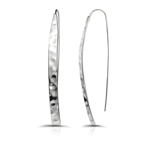 Hoops & Loops 925 Sterling Silver High Polished Hammered Long Flat Bar Threader Drop Earrings for Women, Silver, Yellow & Rose Gold
