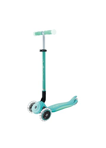 GLOBBER Elite Glow Lights – Patinete infantil 120/80 mm, 3 ruedas, ajustable, con luces LED, efecto brillante, menta oscura