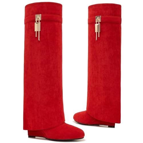Image of Fold Over Boots for Women Pointy Pull-on Wedge Heel Knee Shark Boot With Side Zipper Padlock Design