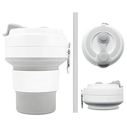 Lambony Taza de Café Plegable, Reutilizable Taza de Viaje de Silicona 350 ml Tazas con Tapa y Pajita y Mosquetón, sin BPA, Durabilidad para Bebidas Calientes, a Prueba de Fugas, Ecológica y Portátil